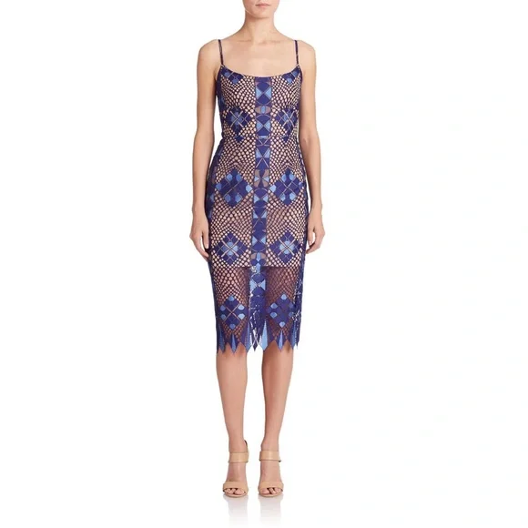 BCBGMaxAzria | Dresses | Royal Blue Bcbg Maxazria Alese Geometric Lace Midi  Dress | Poshmark